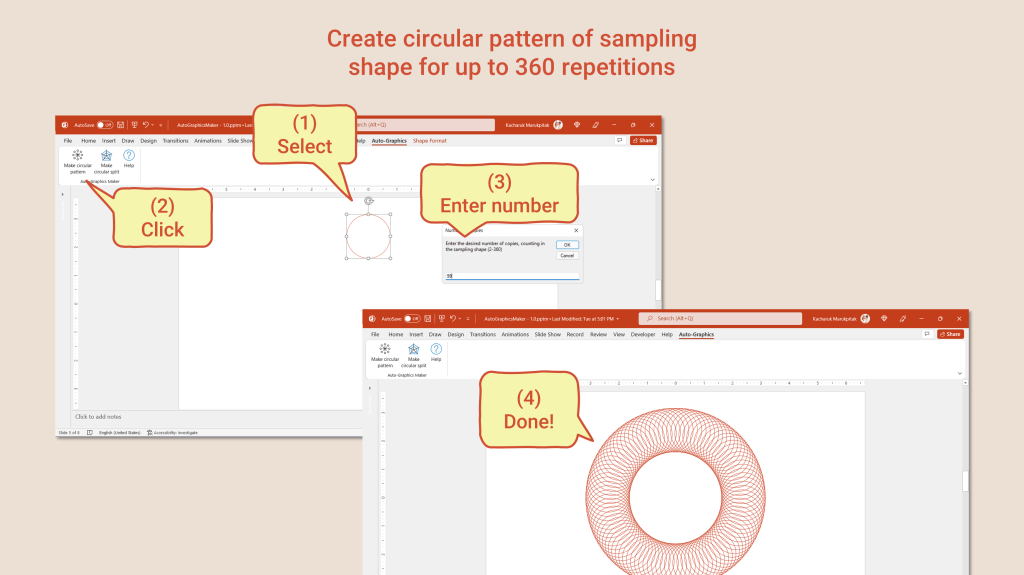 The image shows how to easily create circular pattern of a shape for up to 360 repetitions