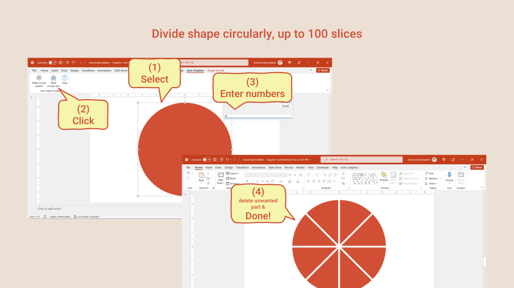 The image shows how to easily create circular split of a shape for up to 100 slices in simple mode